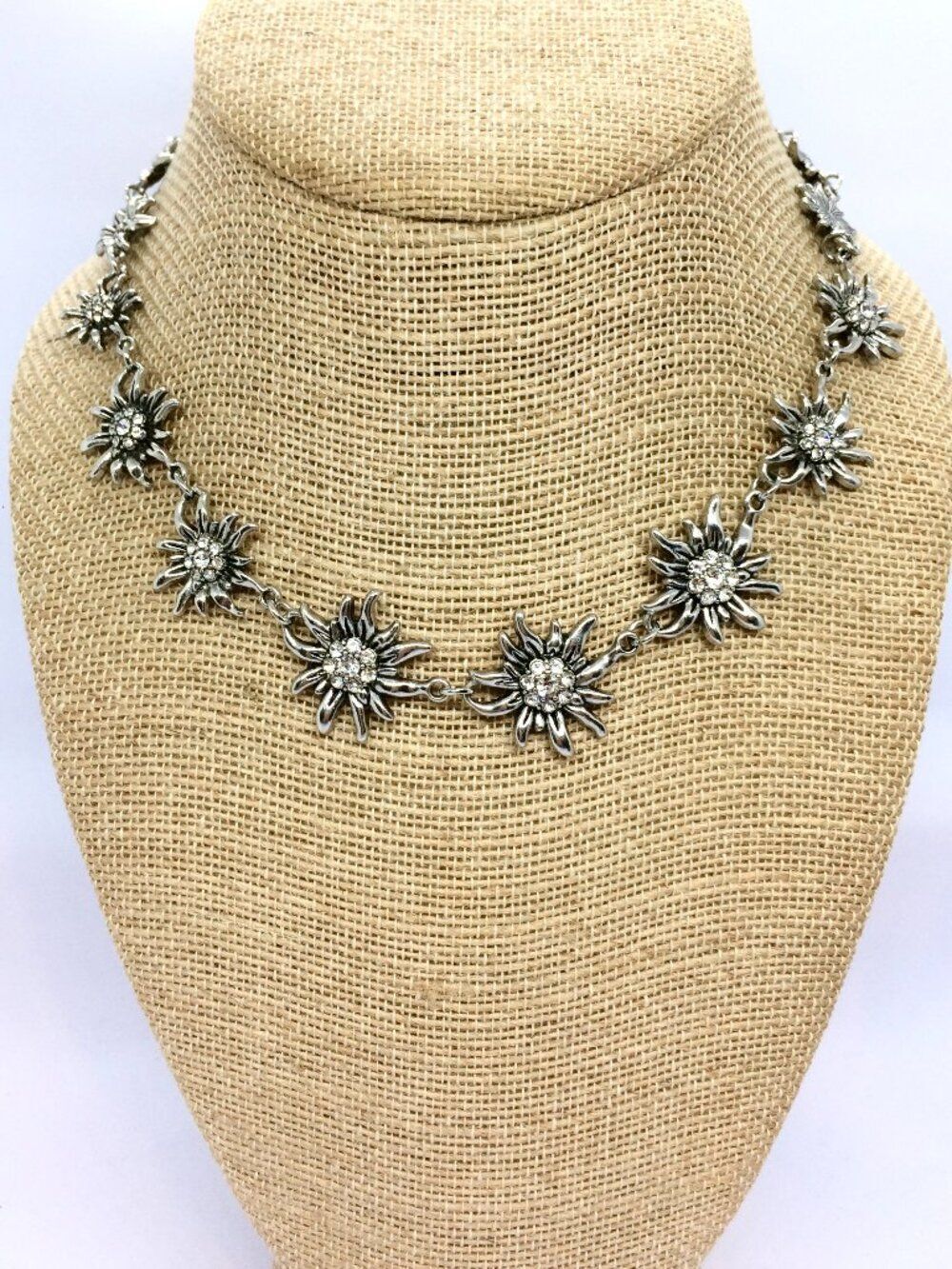 Y2K FLOWER NECKLACE Rhinestone Sunflower Silver Tone Choker Collar